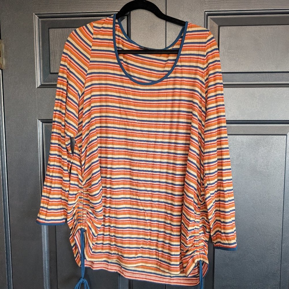 Modcloth blue and orange striped ruched side, tie side long sleeve tee